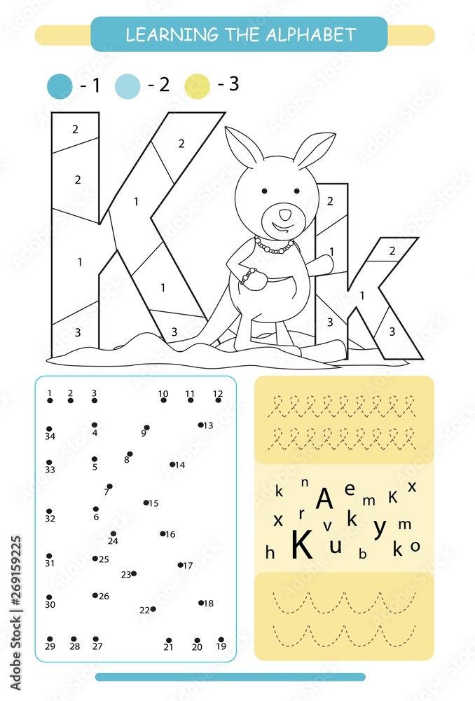 Letter k and funny cartoon kangaroo animals alphabet a