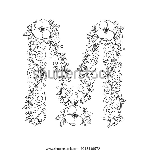 Floral alphabet letter m coloring book stock vector royalty free