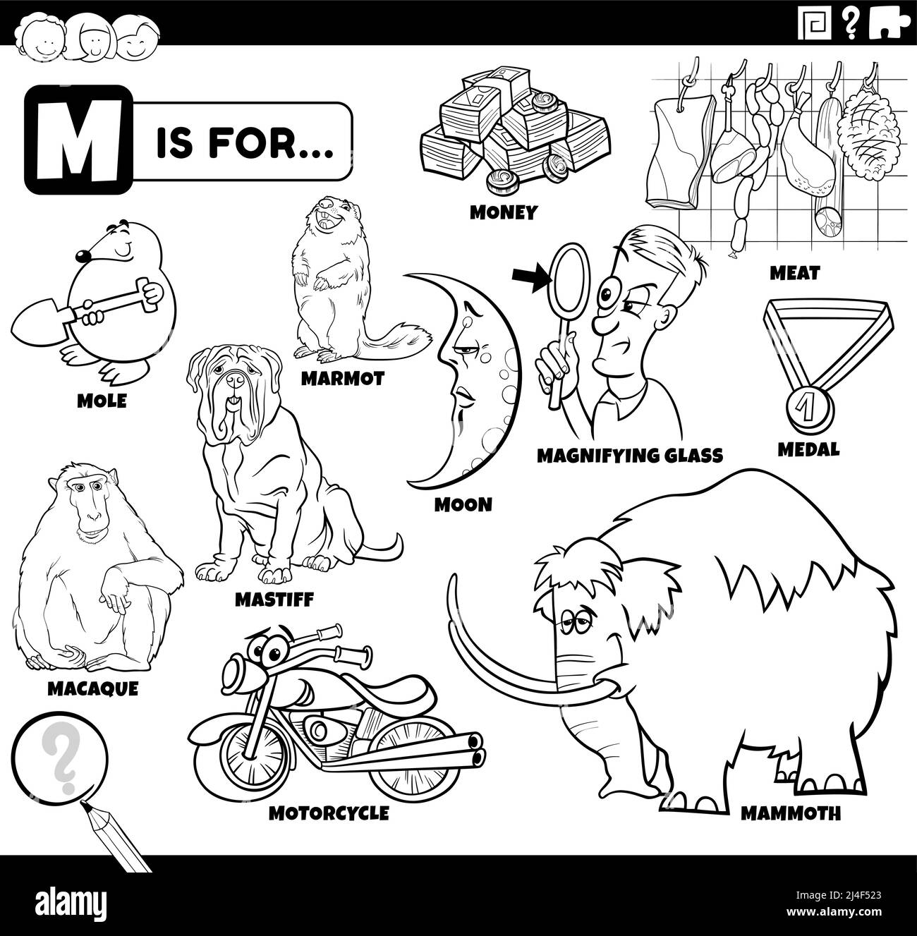 Black and white educational cartoon illustration for children with ic characters and objects set for letter m coloring book page stock vector image art