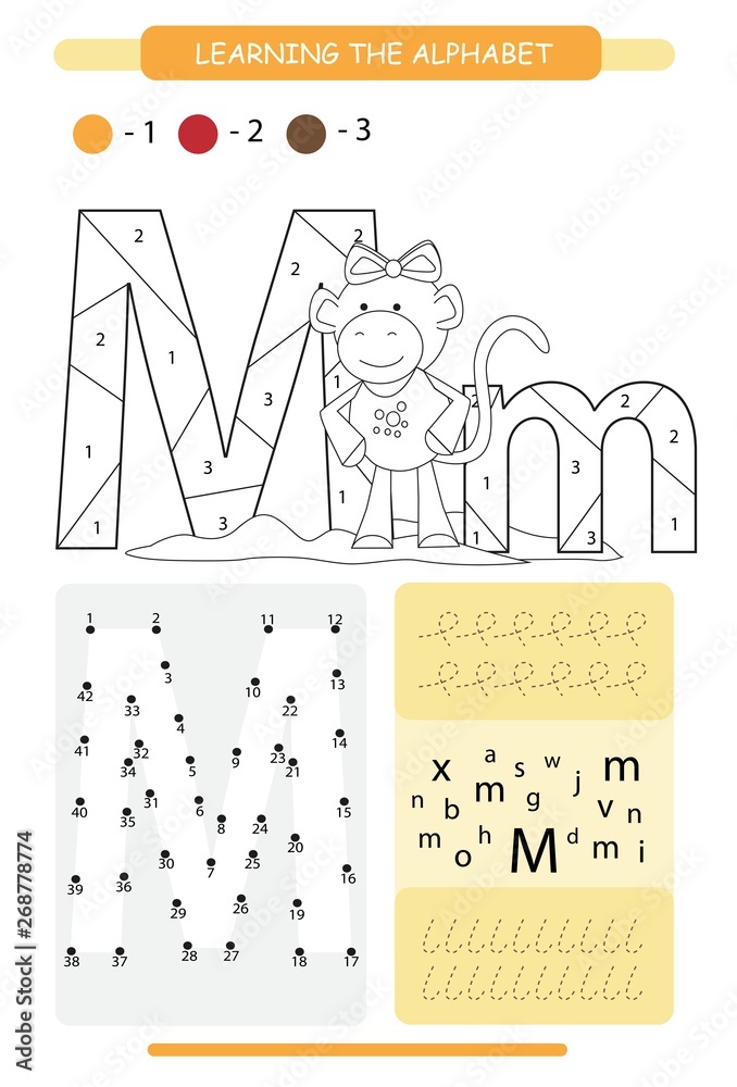 Letter m and funny cartoon monkey animals alphabet a