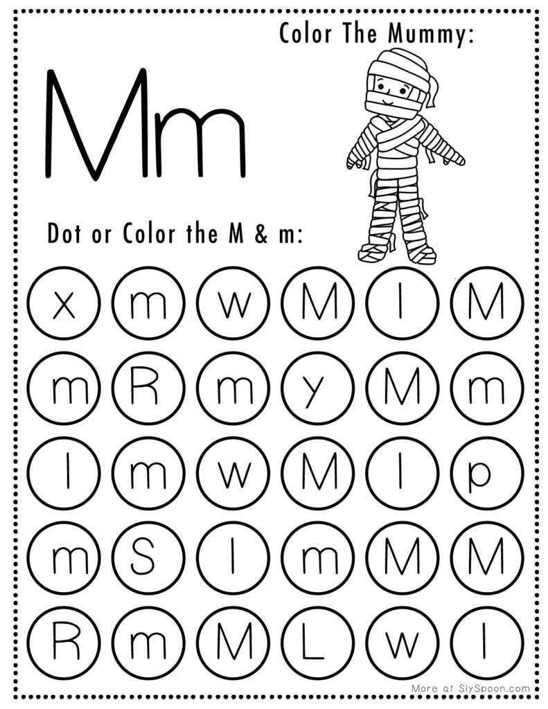 Free printable halloween themed letter m dot marker activity worksheets