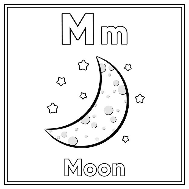 Premium vector alphabet flashcard letter m with cute moon drawing sketch for coloring