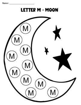 Letter m for moon coloring painting sheet by ieps and coffee please