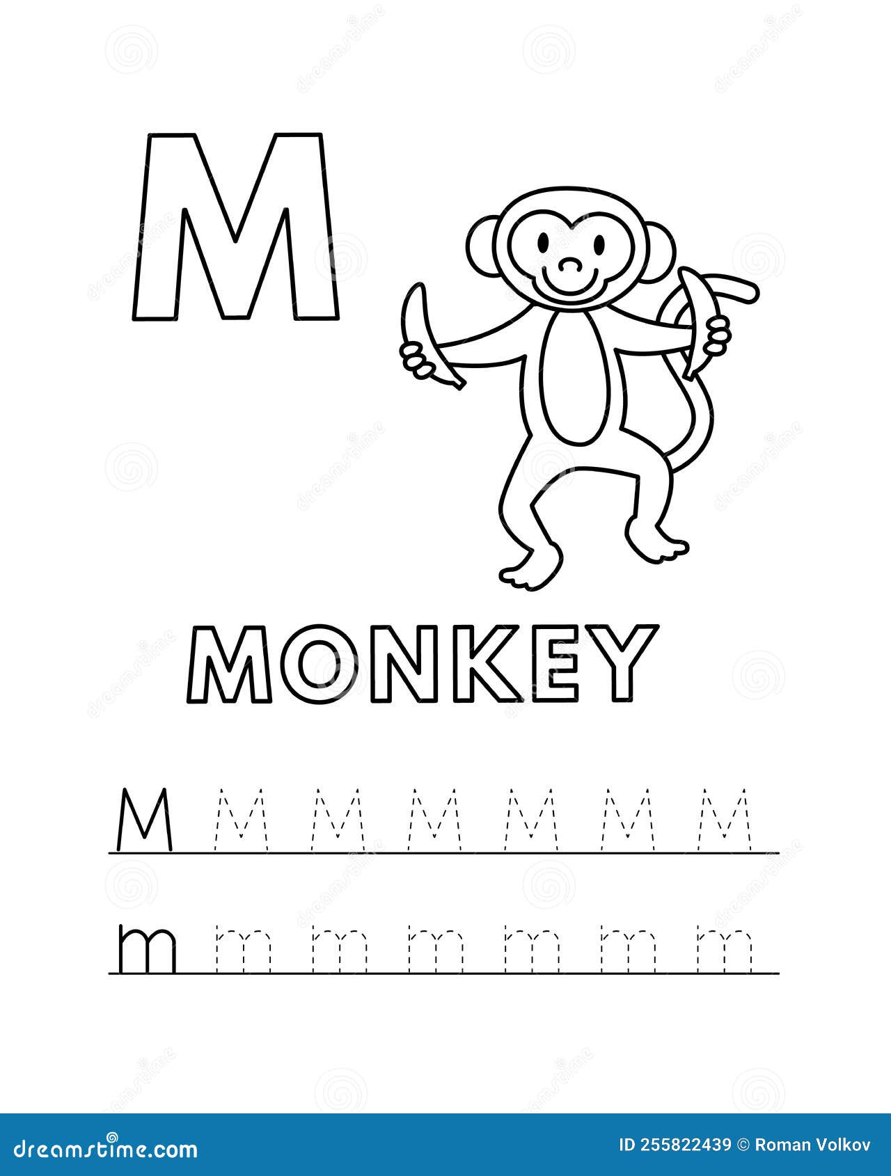 Vector cute cartoon animals alphabet and tracing practice letter m monkey coloring pages stock vector