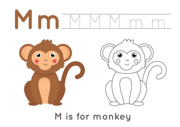 Coloring and tracing page with letter m and cute cartoon monkey stock illustration