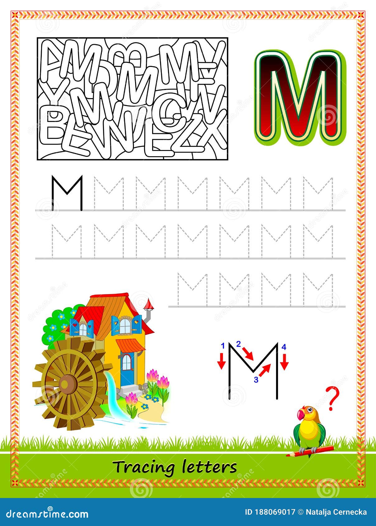 Worksheet for tracing letters find and paint all letters m kids activity sheet educational page for children coloring book stock vector