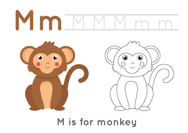 Premium vector coloring page with cute cartoon monkey alphabet tracing worksheet with letter m handwriting practice for kids