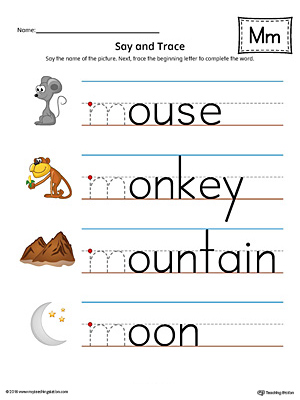 Say and trace letter m beginning sound words worksheet color