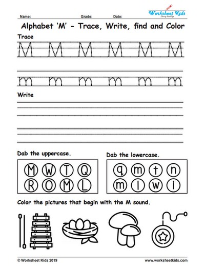 Alphabet letter m trace write find color