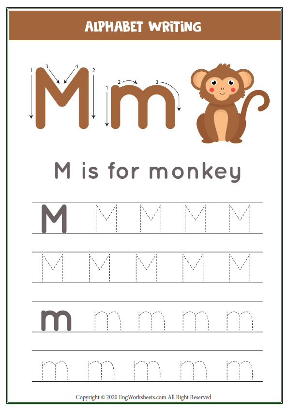 Letter m alphabet tracing worksheet with animal illustration