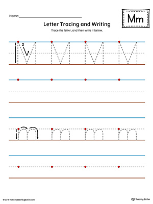 Letter m tracing and writing printable worksheet color