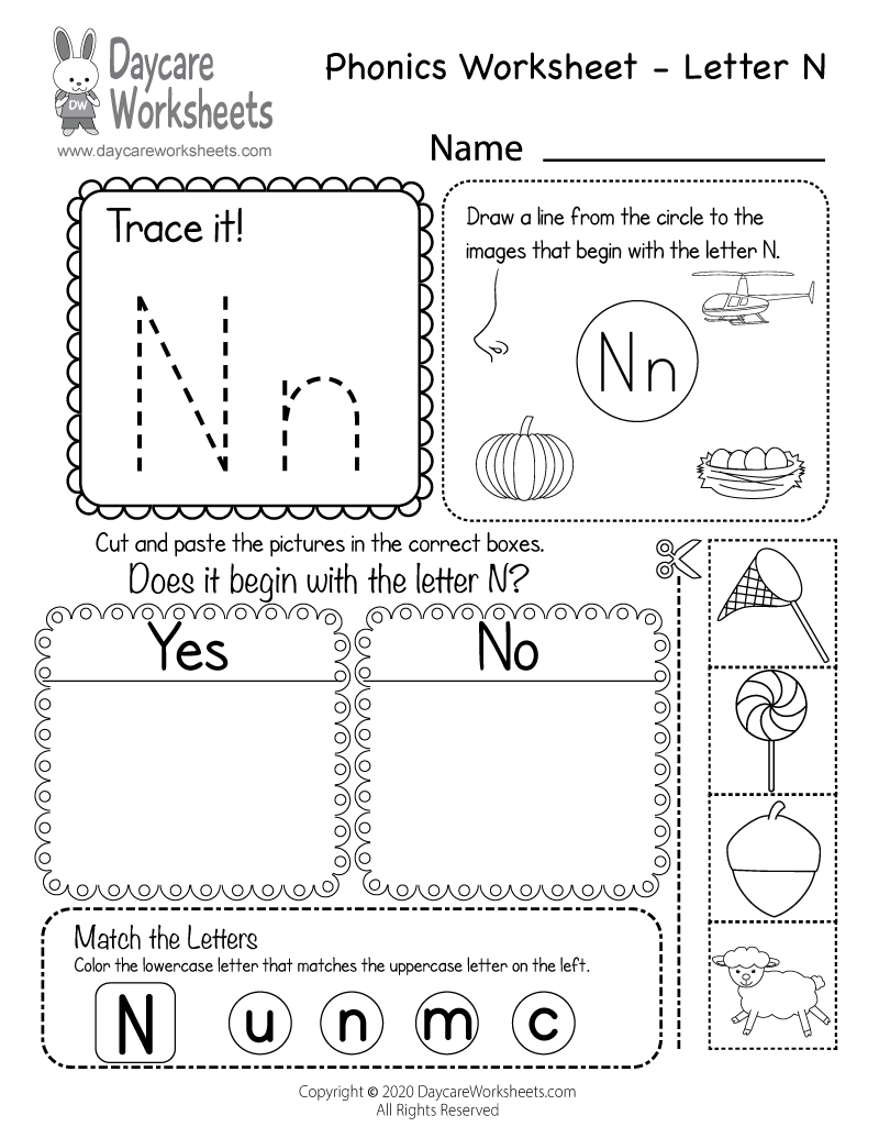 Free letter n phonics worksheet for preschool