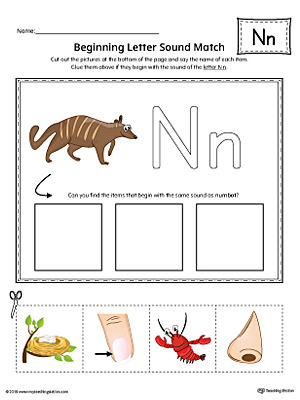 Letter n beginning sound picture match worksheet color