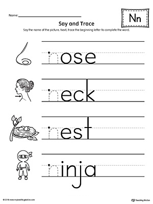 Say and trace letter n beginning sound words worksheet