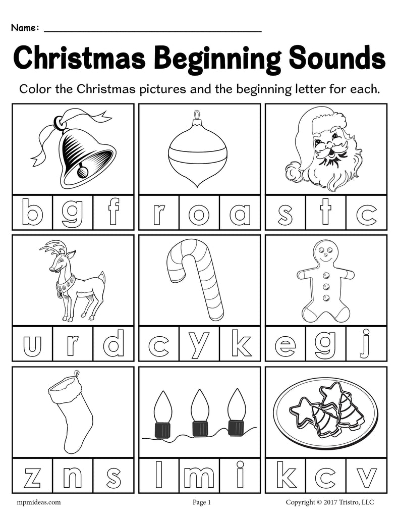 Printable christmas beginning sounds worksheet â