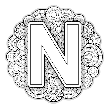 Premium vector vector coloring page for adults contour black and white capital english letter n on a mandala background