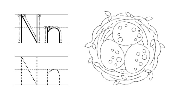 Trace the letter and picture and color it educational children tracing game coloring alphabet letter n and nest with eggs stock illustration