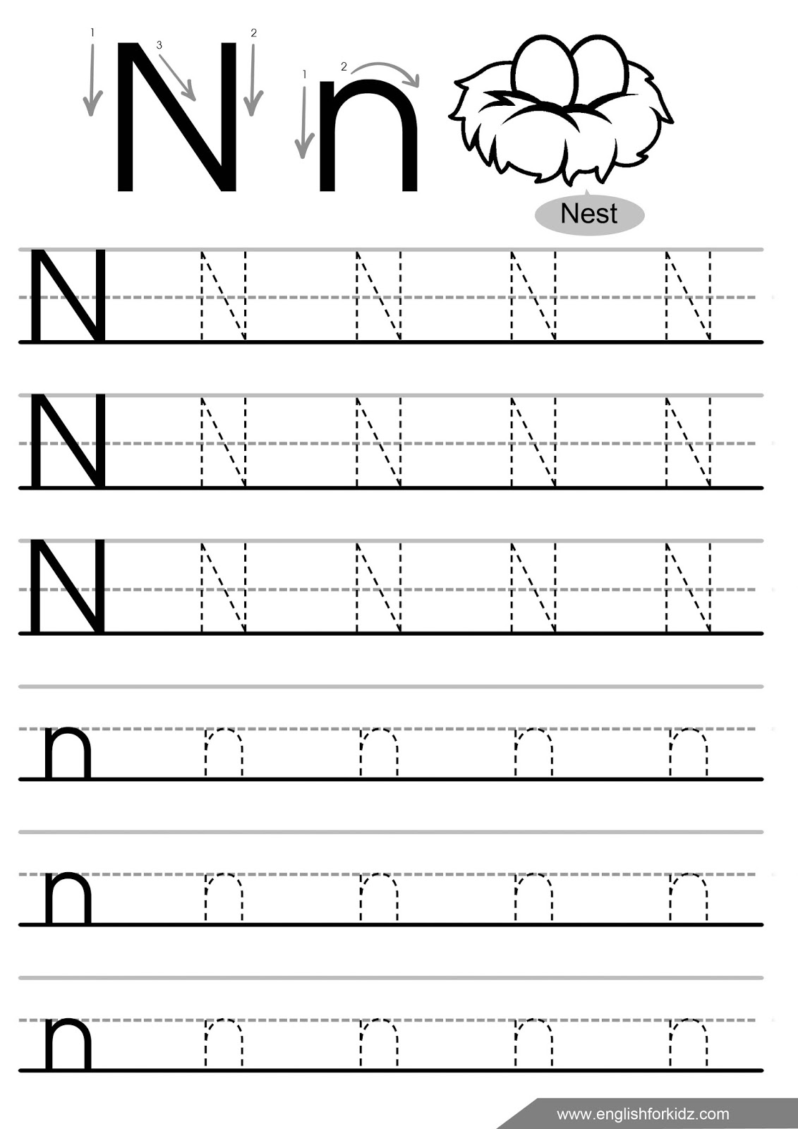 English for kids step by step letter n worksheets flash cards coloring pages