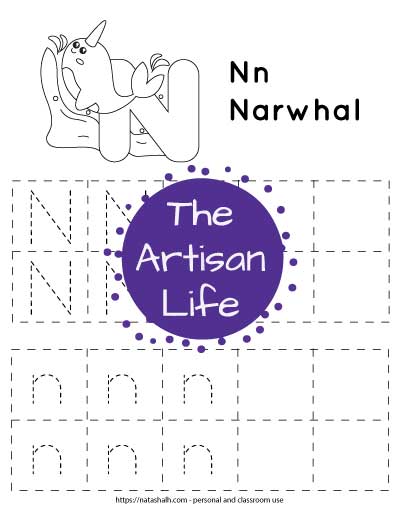 Free printable letter n tracing worksheet n is for narwhal