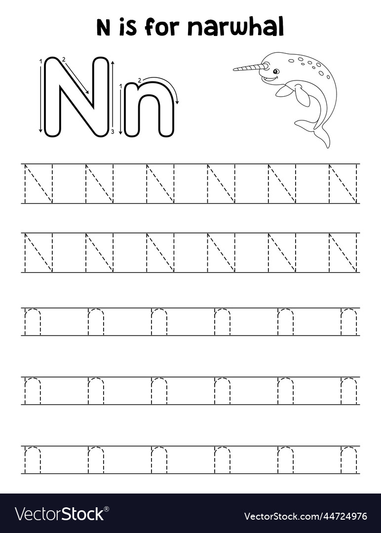Narwhal animal tracing letter abc coloring page n vector image