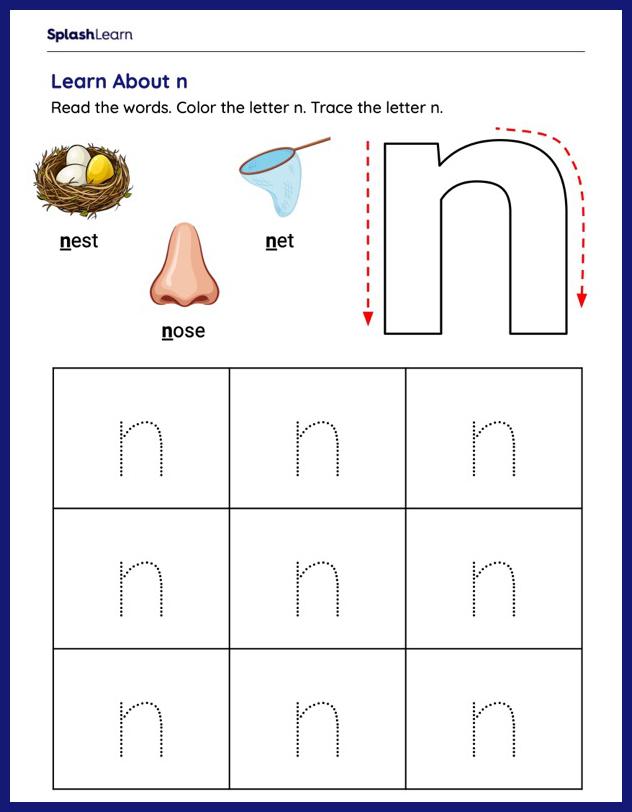 Letter n tracing worksheets for kids online