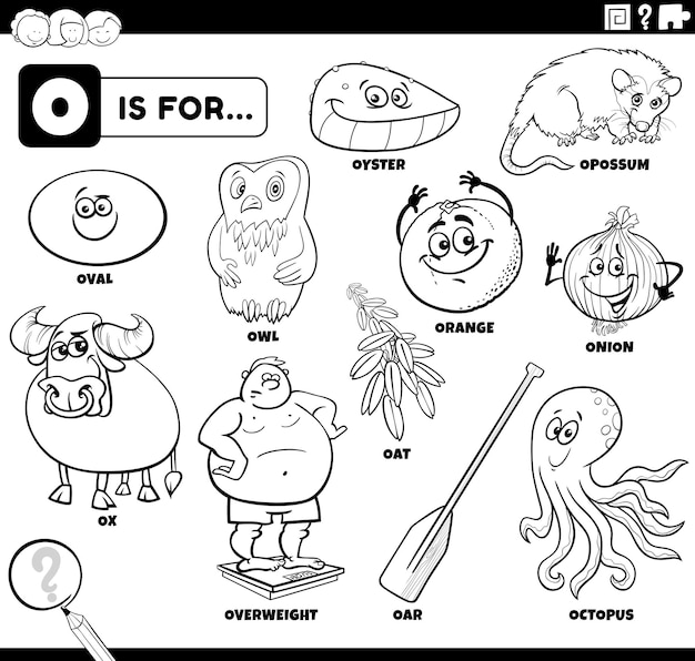 Premium vector cartoon characters and objects set for letter o coloring book page