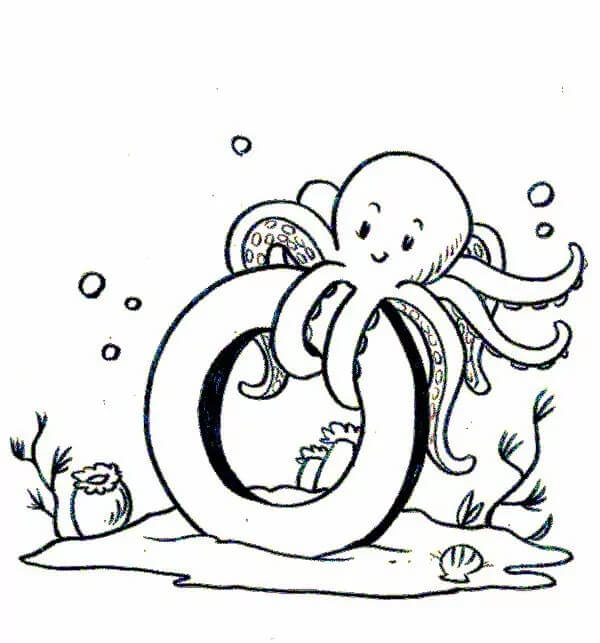 Smiling octopus with letter o coloring page