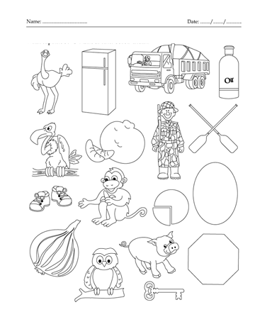 Color the picture which start with letter o printable coloring worksheet