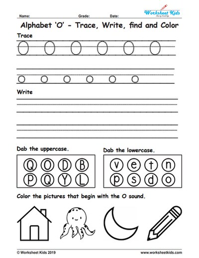 Alphabet letter o trace write find color