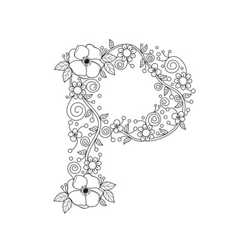 Floral alphabet letter p coloring book for adults vector illustrationhand drawndoodle style vector