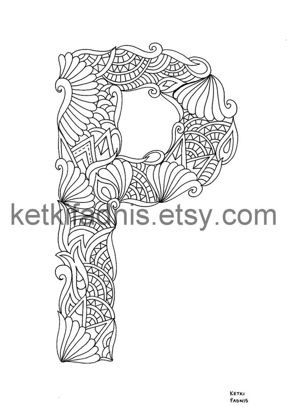 Letter p coloring page instant pdf download alphabet coloring page hand drawn diy printable coloring page letter illustration