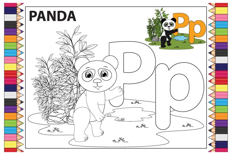 Coloring the letter p for children with cute panda