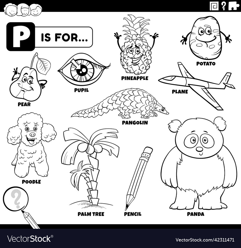 Letter p words educational set coloring book page vector image