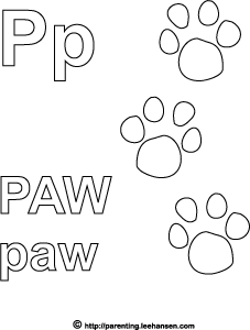 Letter p activity page paw prints alphabet coloring sheet