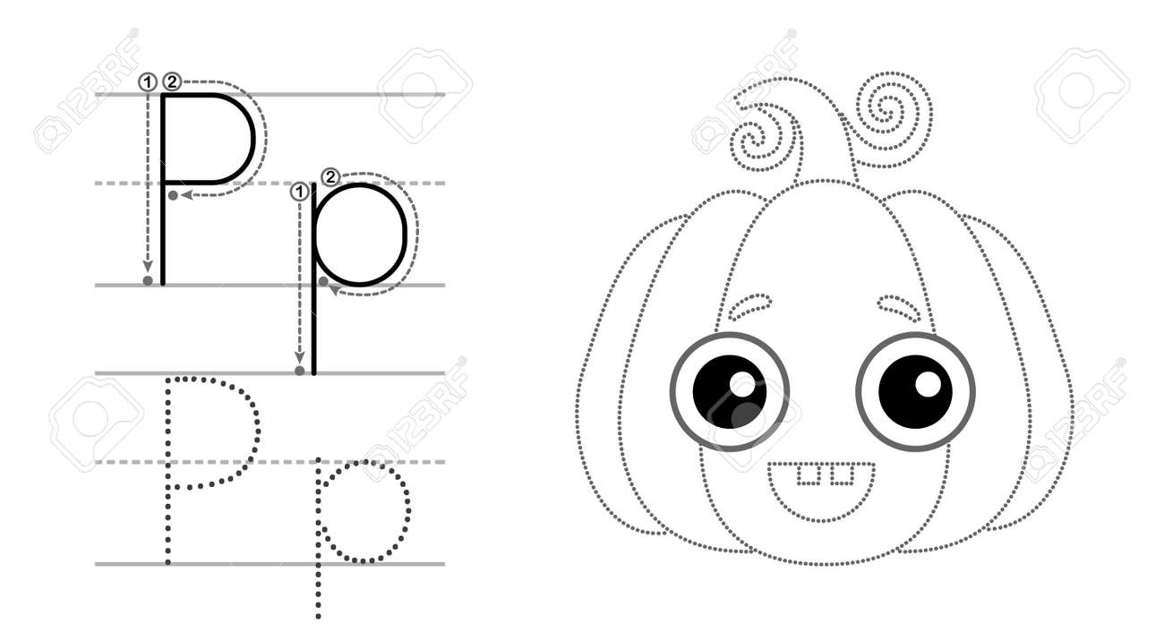 Trace the letter and picture and color it educational children tracing game coloring alphabet letter p and funny cartoon pumpkin royalty free svg cliparts vectors and stock illustration image