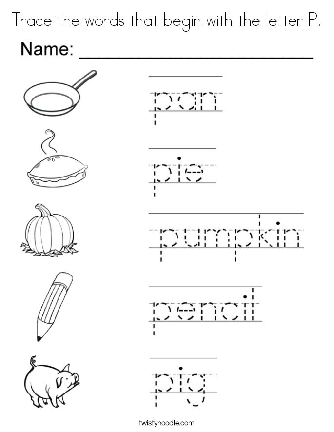 Trace the words that begin with the letter p coloring page