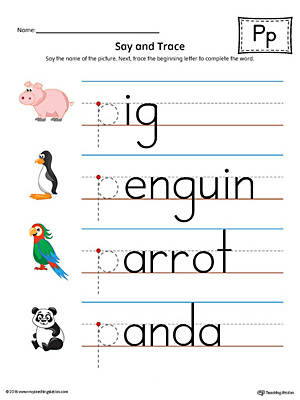 Say and trace letter p beginning sound words worksheet color