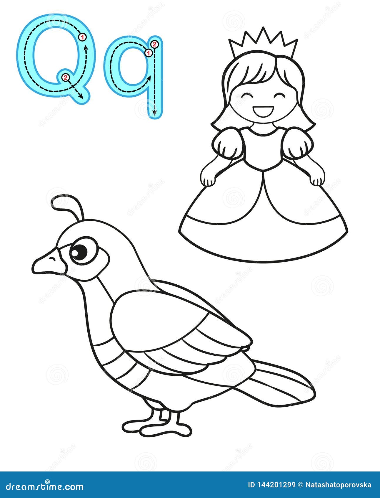 Printable coloring page for kindergarten and preschool card for study english vector coloring book alphabet letter q stock vector