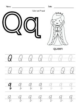 Letter q worksheet color and trace by lesson kits tpt