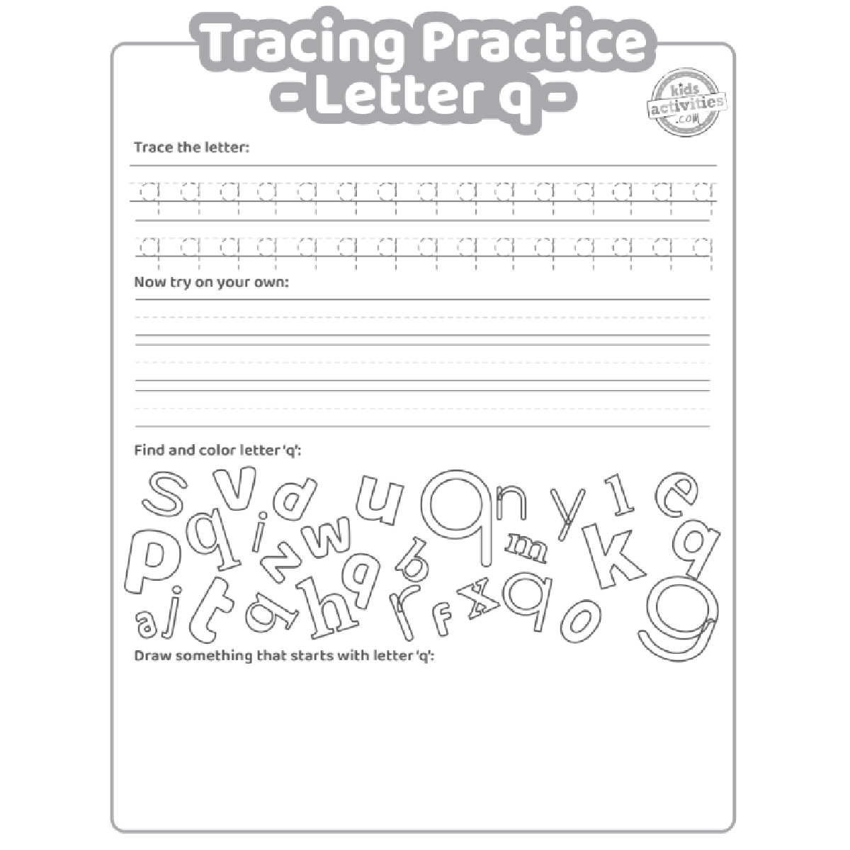 Free letter q practice worksheet trace it write it find it draw kids activities blog