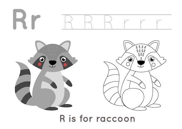 Premium vector coloring page with cute cartoon raccoon alphabet tracing worksheet with letter r handwriting practice for kids