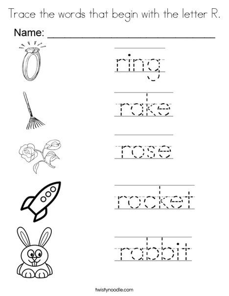 Trace the words that begin with the letter r coloring page letter r lettering words