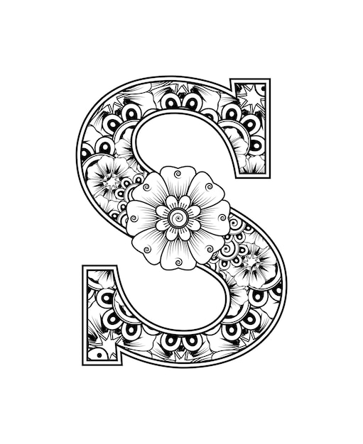 Premium vector letter s made of flowers in mehndi style coloring book page outline handdraw vector illustration