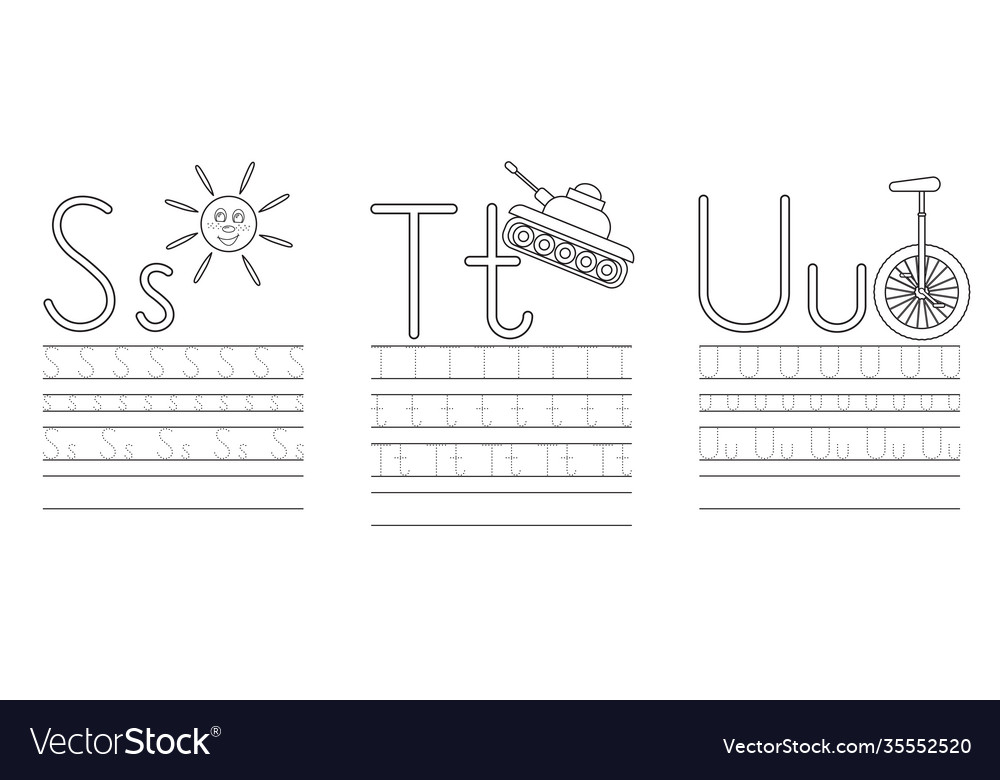 Writing practice letters s t u coloring book vector image