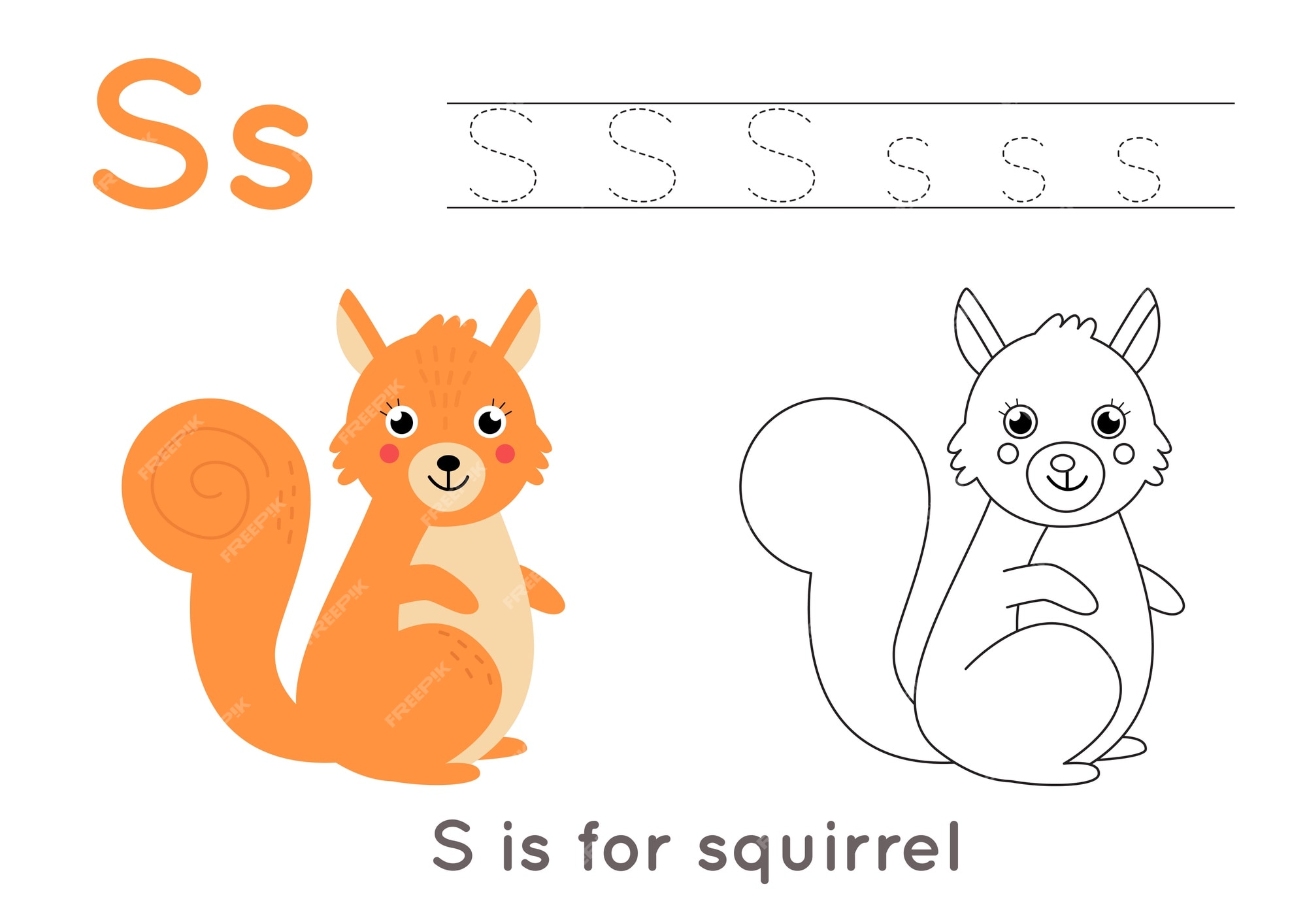 Premium vector alphabet coloring page for kids basic writing activity tracing abc letters worksheet letter s with cute cartoon squirrel