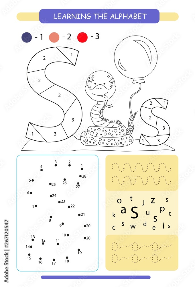 Letter s and funny cartoon snake animals alphabet a