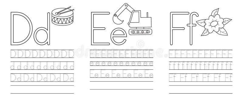 Writing practice of letters def coloring book stock vector