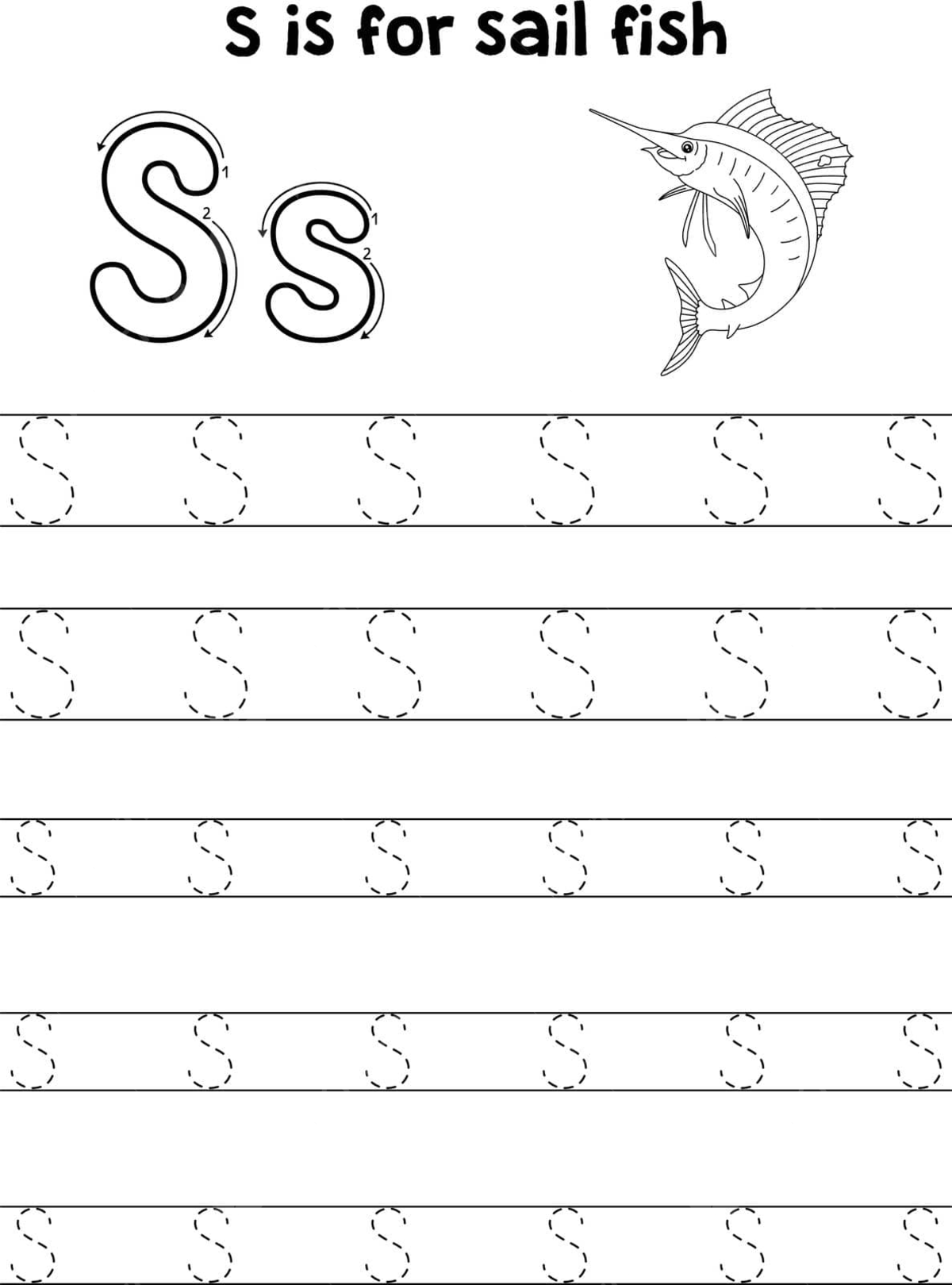 Tracing and coloring page of a sailfish with abc letters for kids vector elementary school writing educational png and vector with transparent background for free download