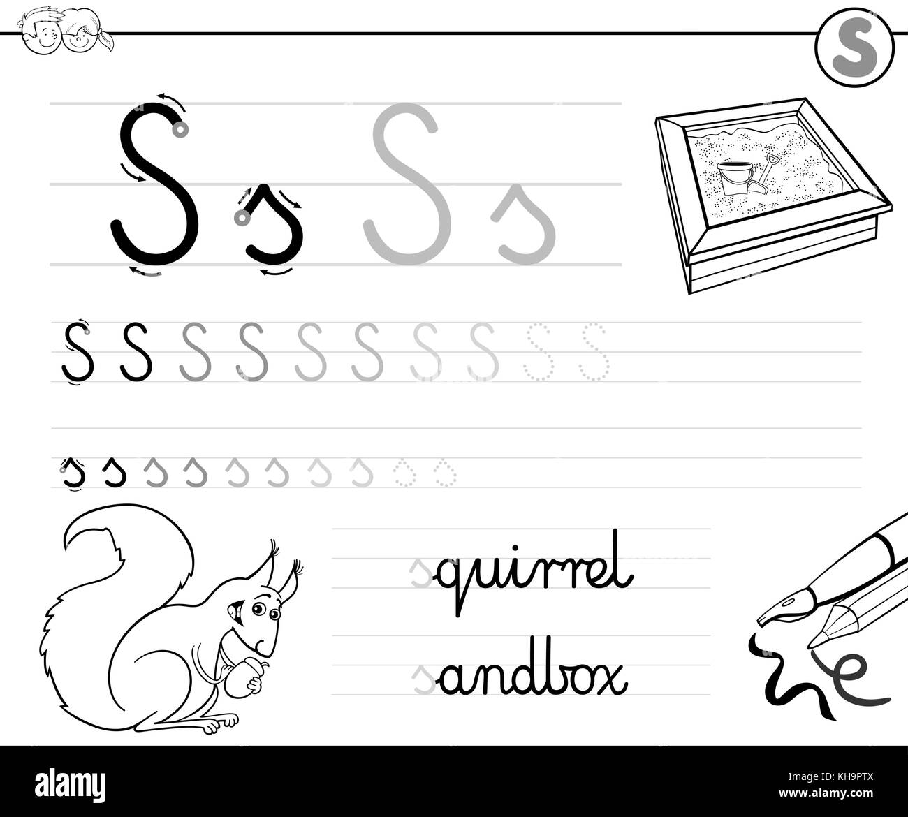 Black and white cartoon illustration of writing skills practice with letter s worksheet for preschool and elementary age children coloring book stock vector image art