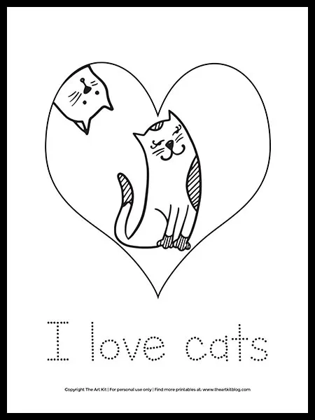 Free cat coloring page with dotted lettering i love cats â the art kit